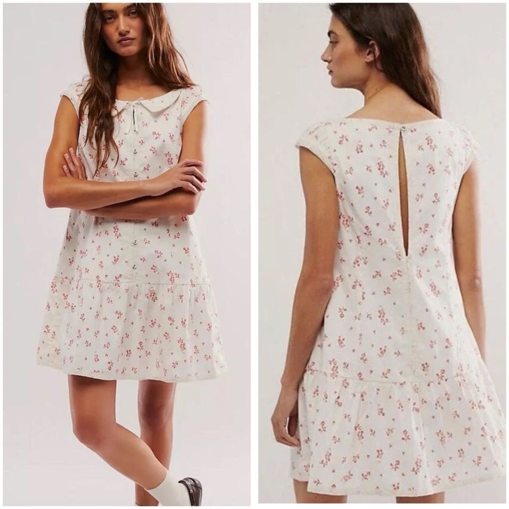 Free People Beasley Mini Dress Floral White Red Dress Peter Pan Collar Small